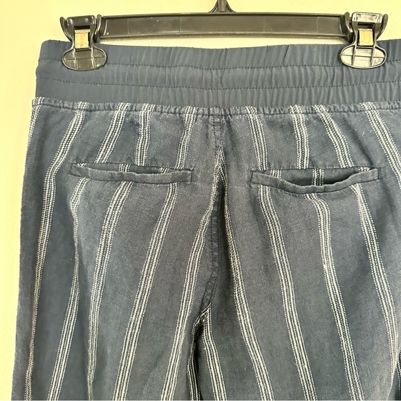 Athleta Bali Navy Blue Striped Linen Cropped Drawstring Wideleg Pants - Size 0 - Picture 7 of 7